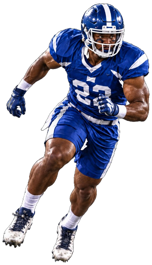 Tackle football player in pads, number 23, running with the ball